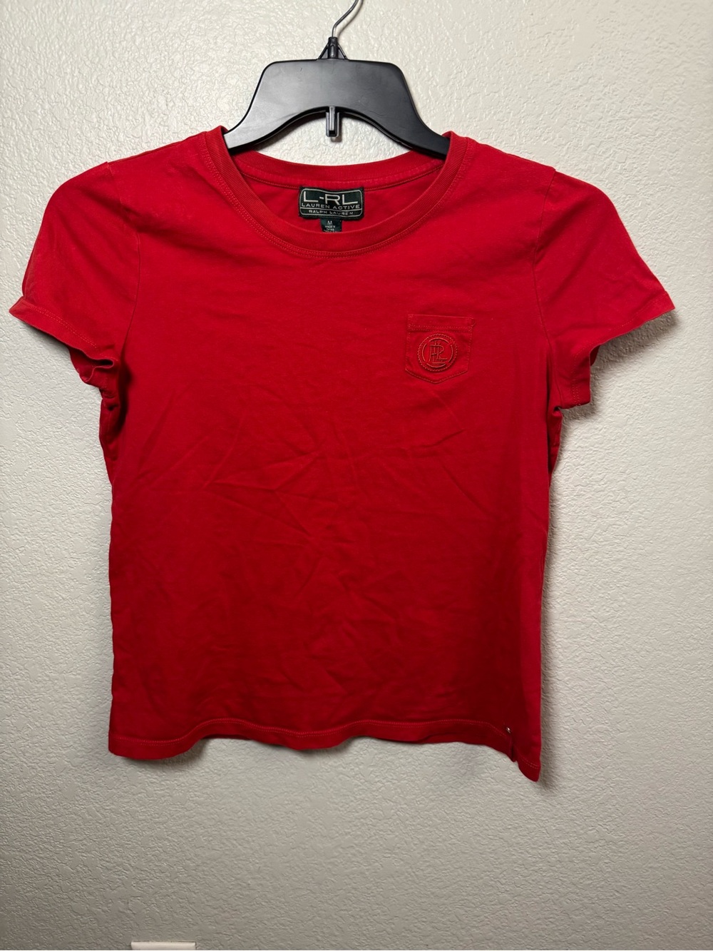 Lauren Ralph Lauren L-RL Active Red Pocket T-Shirt Tonal Crest Logo Medium M